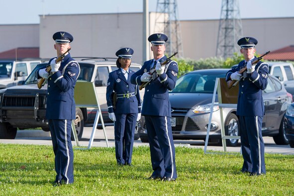Members of the 45th Space Wing Honor Guard do a 21-gun salute prior to concluding the Fallen Heroes Ceremony at Patrick Air Force Base, Fla. May 13, 2014. Tens of thousands of law enforcement officers from around the world converge at Washington, D.C. to participate in a number of planned events which honor those who have paid the ultimate sacrifice. (U.S. Air Force photo/Matthew Jurgens) 
