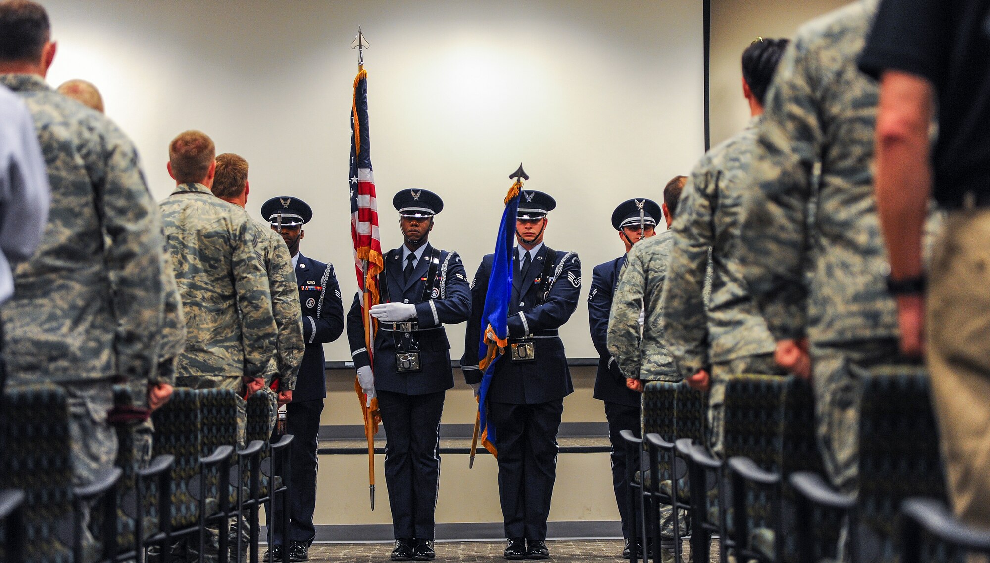 Hurlburt Field Honor Guardsmen present the colors at the 10th Combat Weather Squadron deactivation ceremony on Hurlburt Field, Fla., May 7, 2014. More than 100 Airmen attended the event. (U.S. Air Force photo/Airman 1st Class Jeff Parkinson)