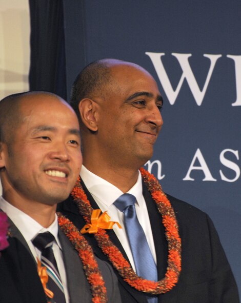 Lt. Col. Ravi Chaudhary (right) and Michael Byun are sworn in as members of the President's Advisory Commission on Asian American and Pacific Islanders in Washington, D.C., May 6. Chaudhary is an Air Force District of Washington executive officer. Byun is the executive director of Asian Services in Action, Inc. (U.S. Air Force photo/Master Sgt. Tammie Moore)