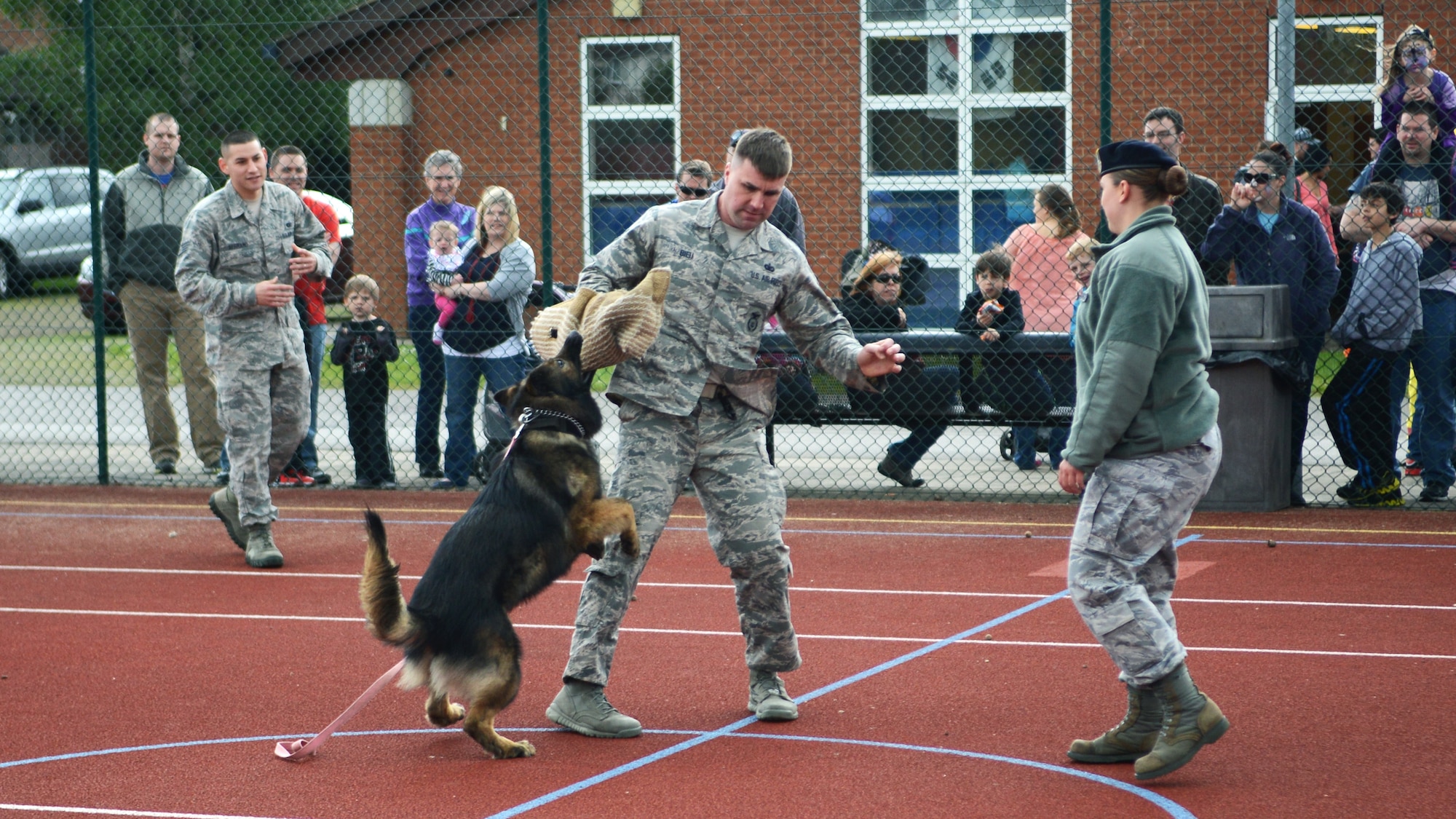 U.S. Air Force Staff Sgt. Christopher Bieu, center, 100th Security Forces Squadron military working dog handler from Newington, Conn., demonstrates the capabilities of MWD Gandhi May 10, 2014, during a spring fun day at the youth center on RAF Mildenhall, England. The K-9 demonstration showcased the abilities of MWDs during search and chase scenarios. (U.S. Air Force photo by Airman 1st Class Dillon Johnston/Released)