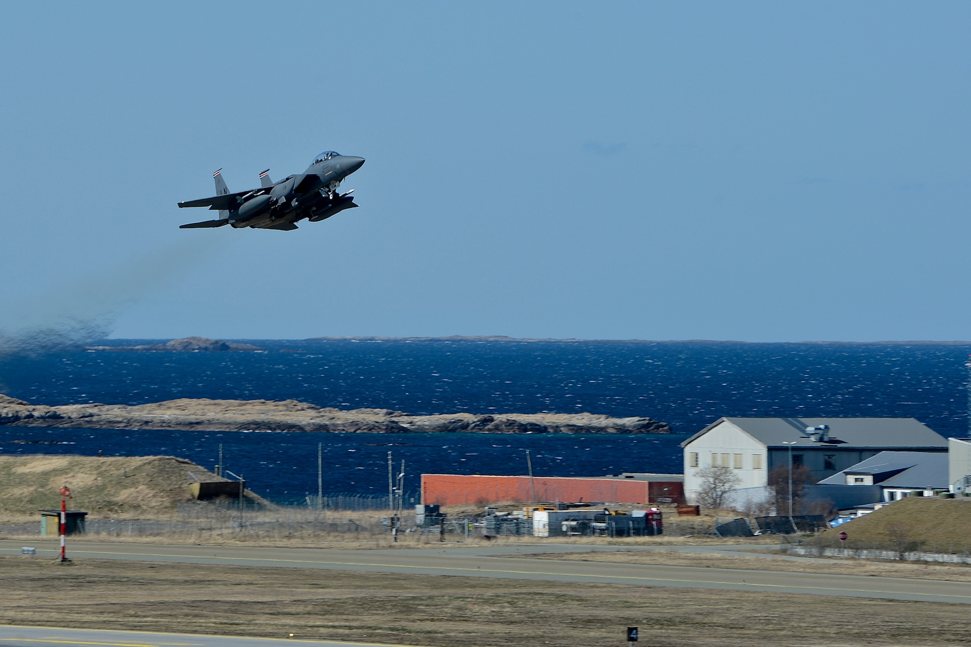 An F-15E Strike Eagle, assigned to the 48th Fighter Wing, takes flight from Bodo Main Air Station, Norway, May 8, 2014. The U.S. Air Force participated in a Nordic Defense Cooperation exercise in coordination with air forces from Norway, Sweden and Finland. (U.S. Air Force photo by Airman 1st Class Trevor T. McBride/Released)