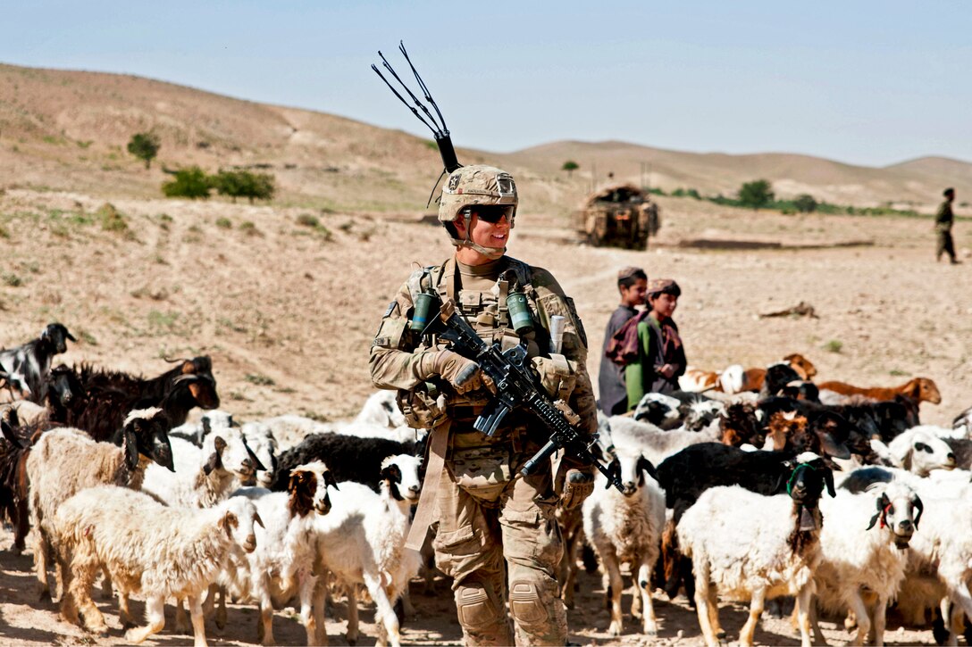 U.S. Army Spc. Kurt Anderson patrols outside a village in Zabul province, Afghanistan, May 26, 2013. Anderson, assigned to the 2nd Infantry Division's 2nd Squadron, 1st Cavalry Regiment, was part of an Afghan-led search for weapon and explosive caches during a joint operation.  
