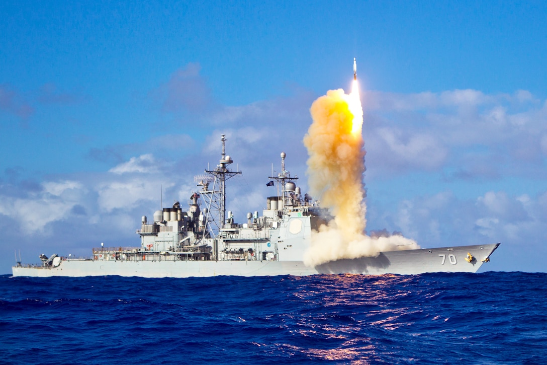 A Standard Missile-3 Block 1B interceptor missile launches from the guided-missile cruiser USS Lake Erie during a Missile Defense Agency and U.S. Navy test in the Pacific Ocean, May 16, 2013.  
