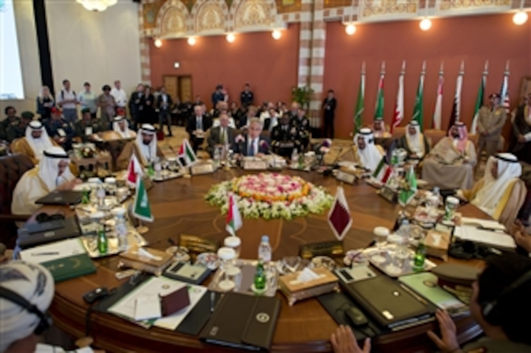 U.S. Defense Secretary Chuck Hagel speaks during the Gulf Cooperation Council defense ministerial conference in Jeddah, Saudi Arabia, May 14, 2014. 