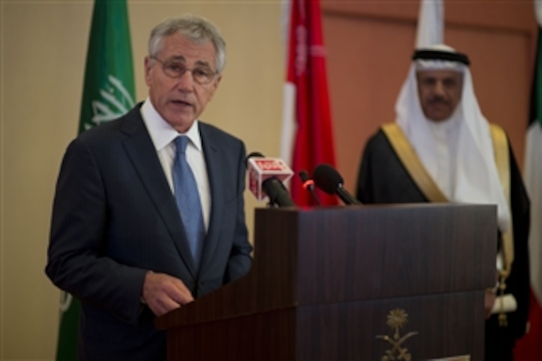 U.S. Defense Secretary Chuck Hagel delivers closing remarks during the U.S.-Gulf Cooperation Council defense ministerial conference in Jeddah, Saudi Arabia, May 14, 2014. 