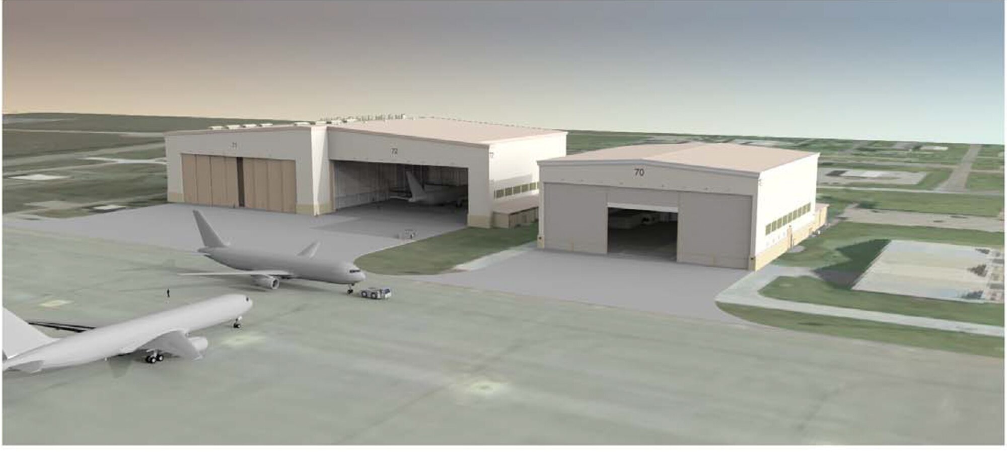 Several projects will break ground at McConnell Air Force Base, Kan., in the upcoming weeks, including construction of one- and two-bay hangars like those depicted in this rendering. The construction is part of the beddown effort for the Air Force’s new fleet of KC-46A aerial tankers, expected to arrive in 2016. (Courtesy graphic) 
