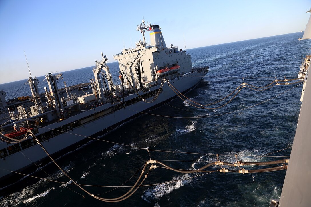 The Military Sealift Command fleet replenishment oiler USNS Yukon refuels the USS San Diego as part of an underway replenishment exercise conducted during Composite Training Unit Exercise (COMPTUEX) off the coast of San Diego, May 12, 2014. COMPTUEX is the second at-sea period during the 11th Marine Expeditionary Unit and Makin Island Amphibious Ready Group joint predeployment training program, during which they will refine mission-related operations and blue-green communication. (U.S. Marine Corps photo by Gunnery Sgt. Rome M. Lazarus/Released)