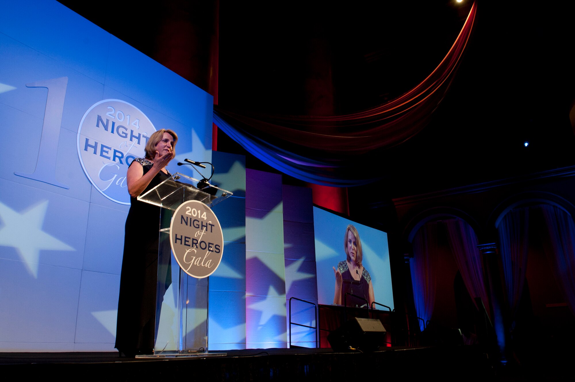 Secretary of the Air Force Deborah Lee James gives her acceptance and keynote speech May 14, 2014, during the PenFed Foundation’s Night of Heroes Gala. James was awarded the American Hero Award for her 30 years of work in the private and government sectors. (U.S. Air Force photo/Staff Sgt. Carlin Leslie)