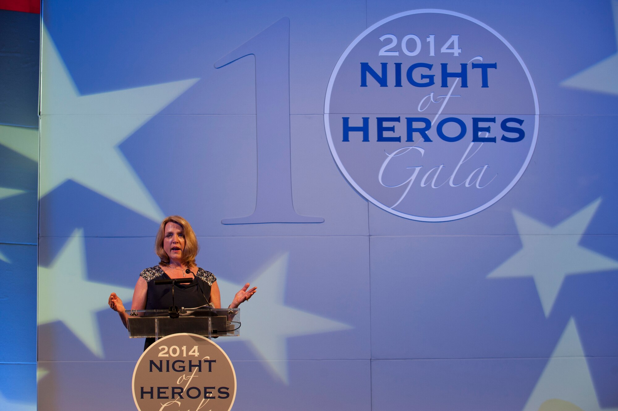 Secretary of the Air Force Deborah Lee James gives her acceptance and keynote speech May 14, 2014, during the PenFed Foundation’s Night of Heroes Gala. James was awarded the American Hero Award for her 30 years of work in the private and government sectors. (U.S. Air Force photo/Staff Sgt. Carlin Leslie)