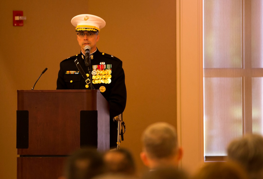 Brig. Gen. Robert Castellvi, the commanding general of Marine Corps Installations East – Marine Corps Base Camp Lejeune speaks during the disestablishment ceremony of Marine Corps Installations East Officer in Charge of Construction office at the Marston Pavilion aboard Marine Corps Base Camp Lejeune, May 6. The OICC was a unique office created to manage a large influx in construction during the last six years.