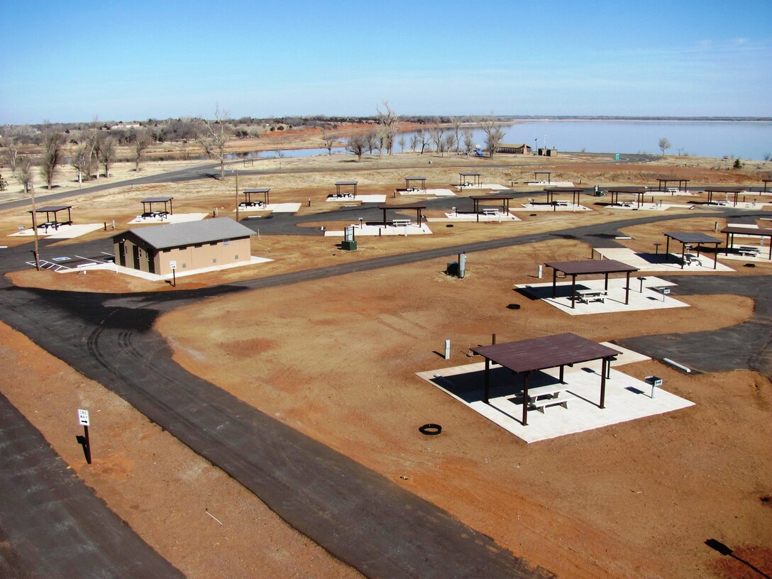 A view of the new facilities at the Canadian “A” campground at Canton Lake. The pads, shower and toilet facility, and playground were rebuilt after a tornado churned through the area May 24, 2011, destroying the previous facilities.