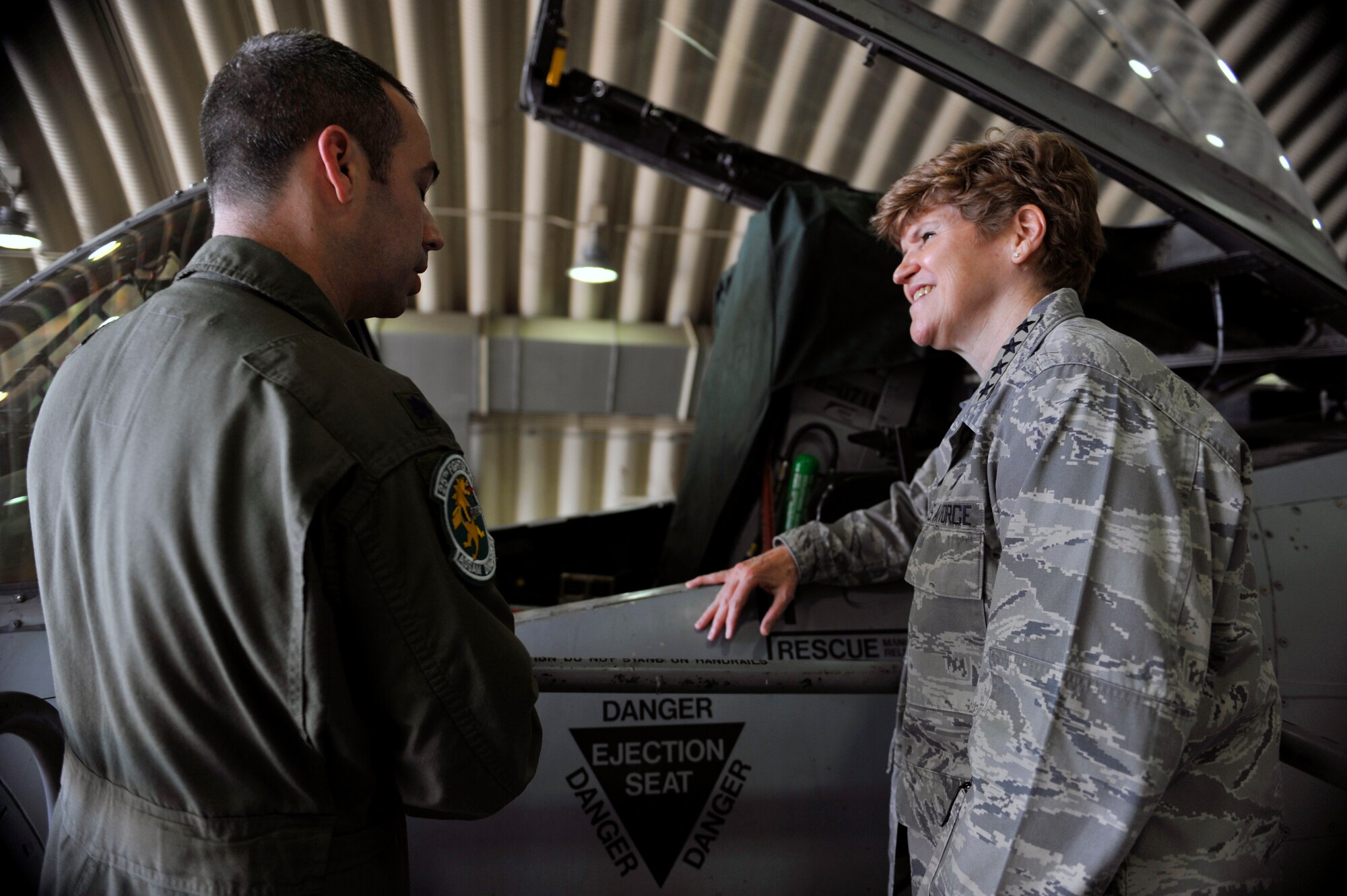 Lt. Col. Richard Waldrop, 25th Fighter Squadron director of operations, explains the functions of the A-10 Thunderbolt II airframe to Gen. Janet Wolfenbarger, Air Force Materiel Command commander, on Osan Air Base, Republic of Korea, May 14, 2014. Wolfenbarger visited Osan as part of a theater tour to gain hands-on knowledge of the maintenance and logistics issues of bases in the Pacific region. (U.S. Air Force photo/Senior Airman David Owsianka)