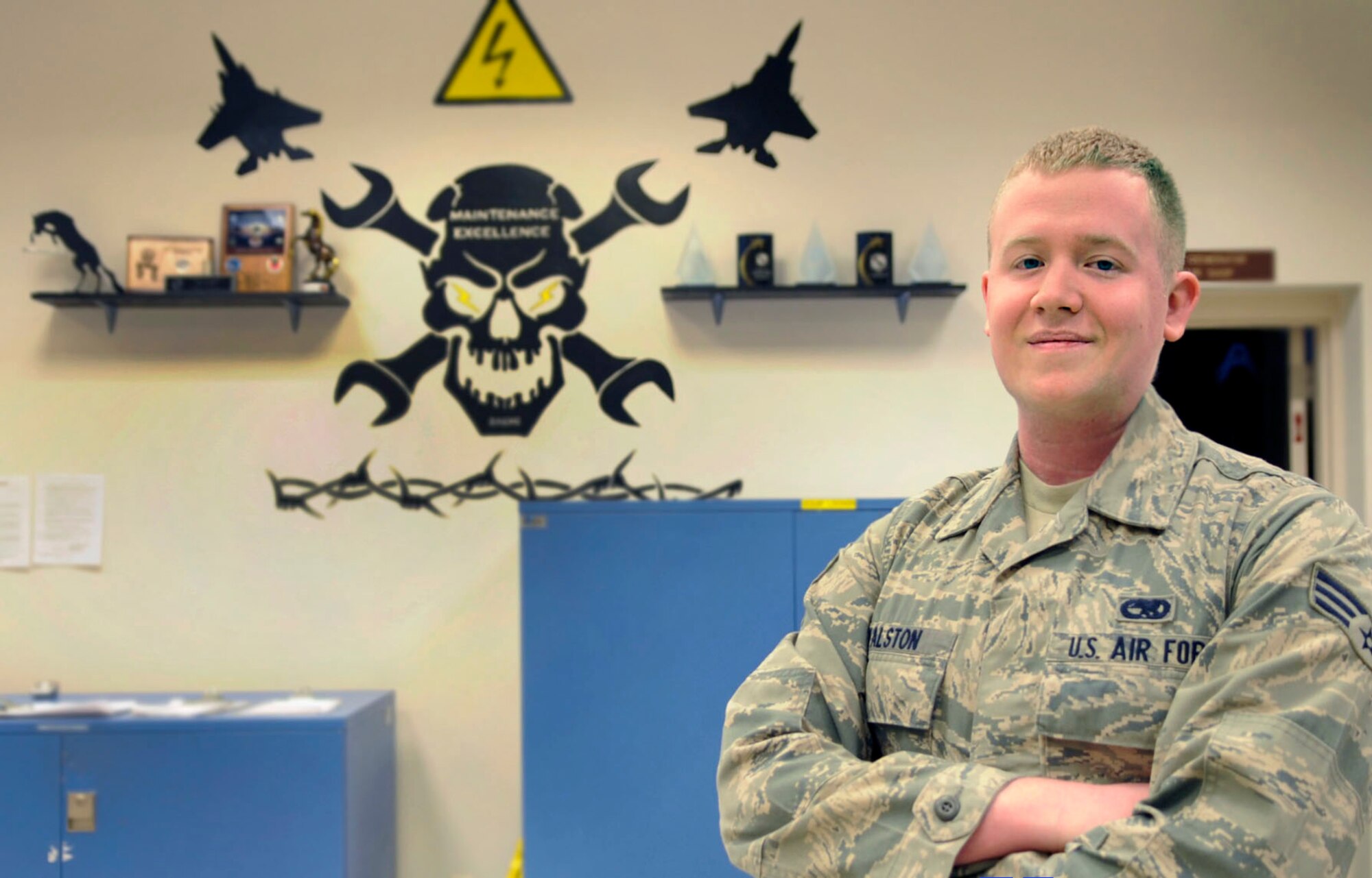 Senior Airman Robert Walston, 366th CMS aircraft electrical environmental journeyman, poses for a photo, May 8, 2014 at Mountain Home Air Force Base, Idaho. During a night out, Walston prevented a possible Assault. (U.S. Air Force photo by Senior Airman Caitlin Guinazu/Released)