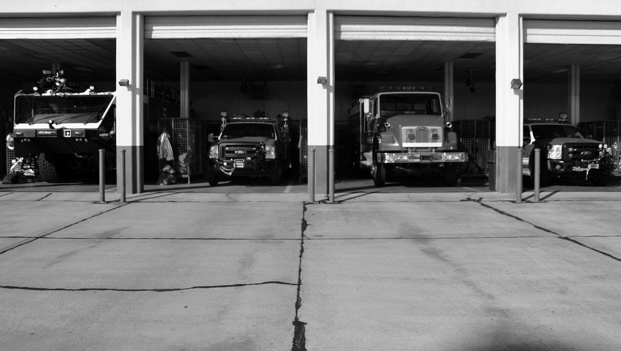Four 325th Civil Engineering Squadron fire protection vehicles stand ready for morning inspection May 8 at Tyndall’s Fire Station 1. Every vehicle is inspected thoroughly each morning to be mission ready. (U.S. Air Force photo by Airman 1st Class Sergio A. Gamboa)