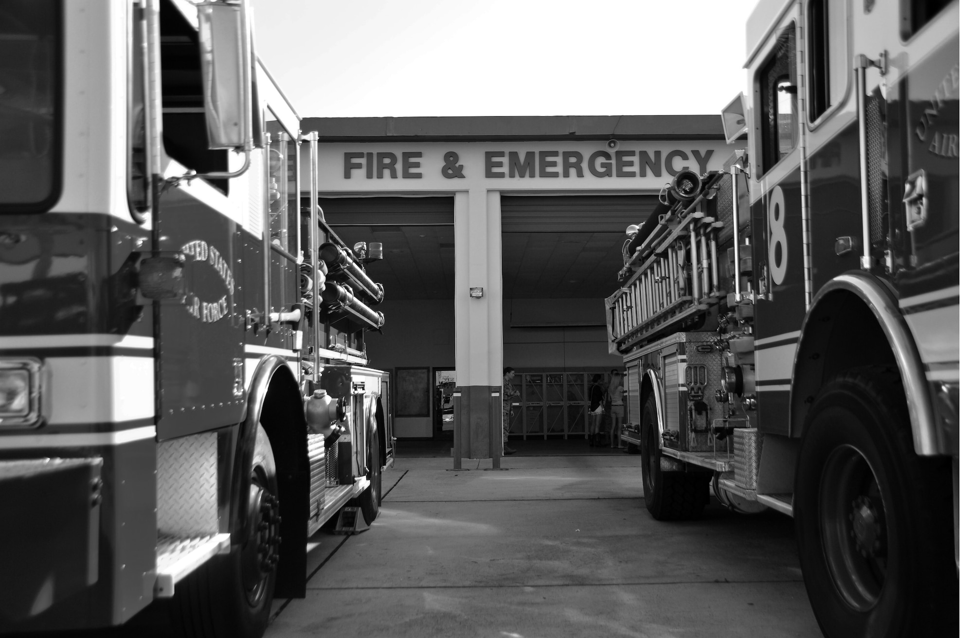 Two firefighting trucks are parked in front of the 325th Civil Engineering Squadron Fire and Emergency Services building May 8 at Tyndall’s Fire Station 1. Every vehicle is inspected thoroughly each morning. (U.S. Air Force photo by Airman 1st Class Sergio A. Gamboa)
