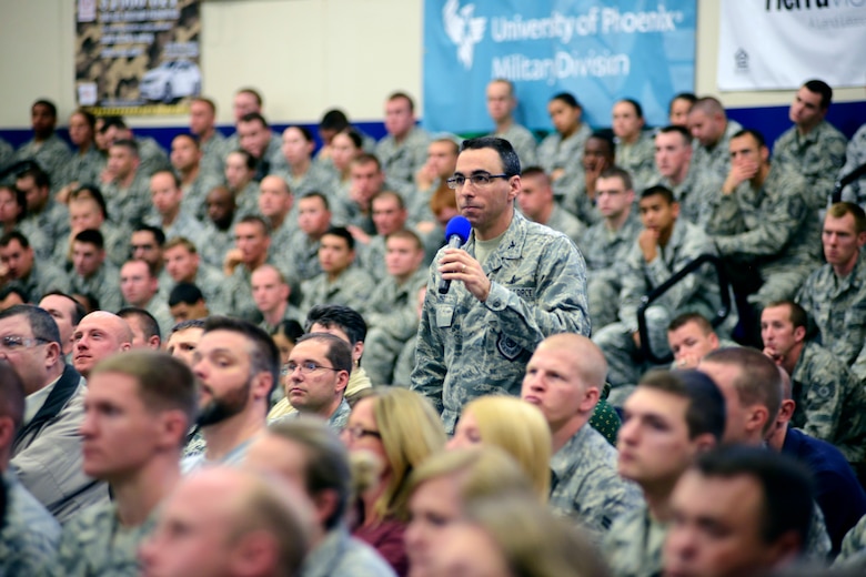 Col. Bill Liquori, 50th Space Wing commander, holds a commander’s call May 12, 2014 at Schriever Air Force Base, Colo., as part of the installation’s Wingman and Sexual Assault Prevention and Response week. During the commander’s call, Liquori focused on the offenders, their characteristics or indicators, their potential reasons for committing these crimes and how good wingmen can stop them. (U.S. Air Force photo/Christopher DeWitt)