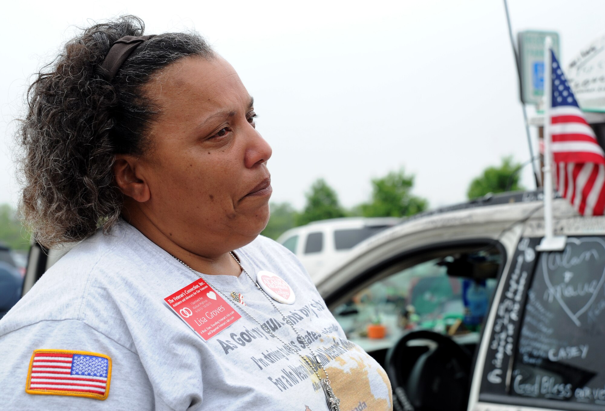 Lisa Groves tears up as she talks about her journey as a veteran advocate during a stop at Joint Base Andrews, Md., May 14, 2014. Groves, a U.S. Army veteran, is on her second nationwide journey promoting awareness of veterans’ struggles which began June 2, 2013. During her travels she makes a point to help homeless veterans and bring attention to their needs. She also provides assistance with Veterans Affairs claims and drives veterans without and means of transportation to medical appointments. (U.S. Air Force photo/Master Sgt. Tammie Moore)