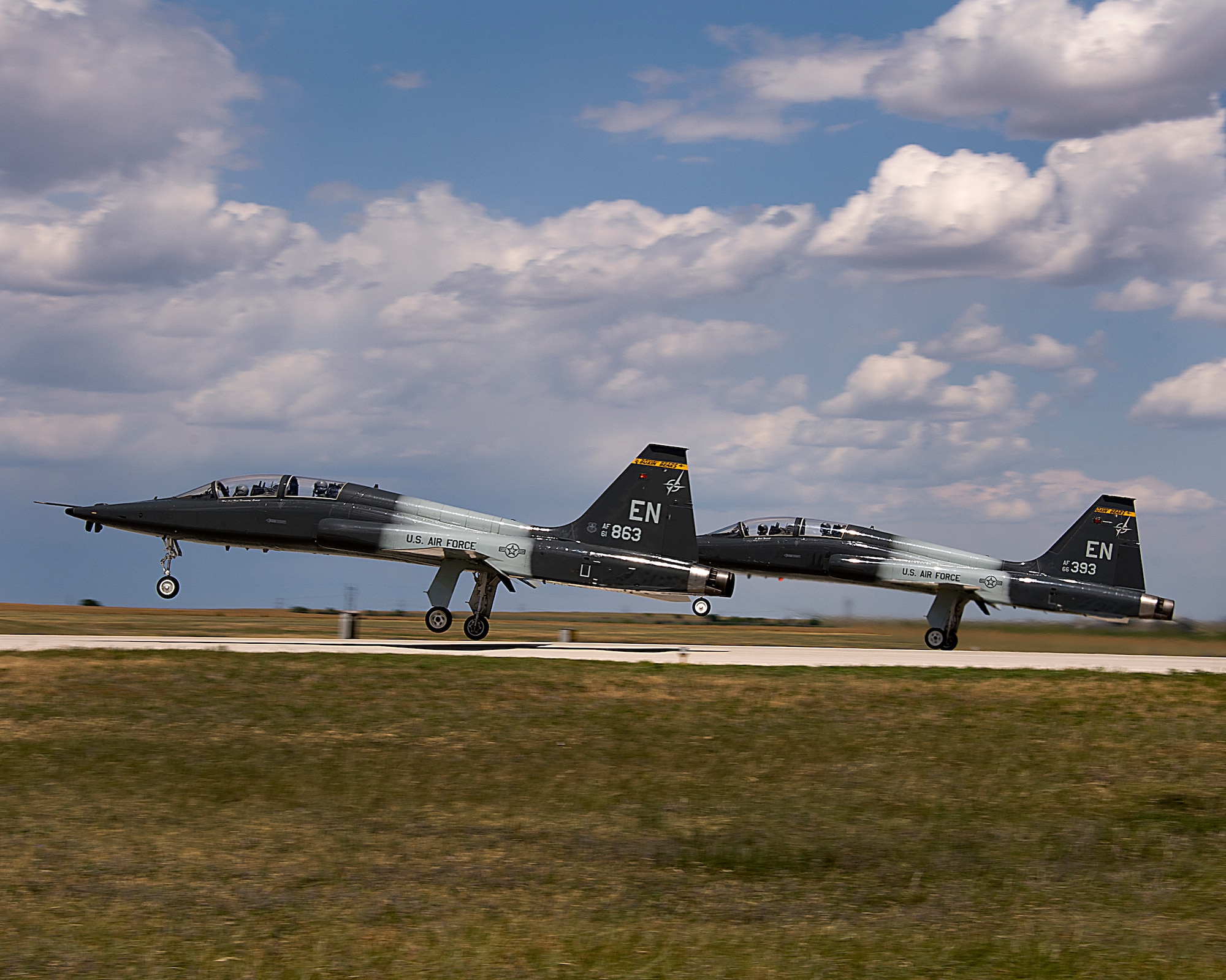 Air crews from the 80TH Flying Training Wing practice maneuvers during pilot training in T-38 Talon aircrafts on May 14, 2014 at Sheppard Air Force Base, Texas. Pilots practice take offs, landing, touch and goes and tactical formation. (U.S. Air Force photo by Danny Webb/Released)