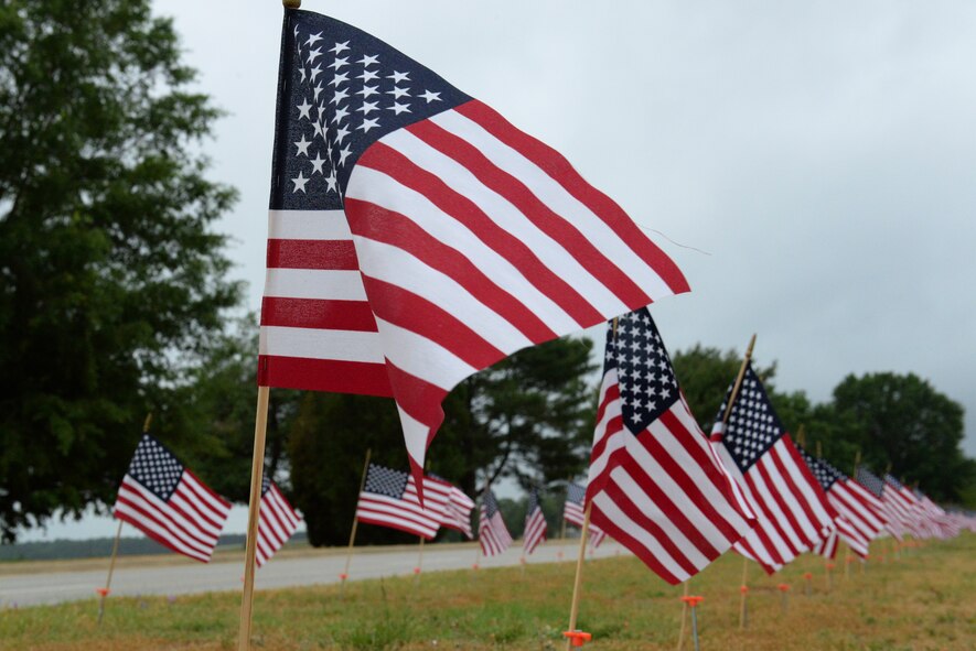 Rows of U.S. flags wave in the wind during National Peace Officers Memorial Day at Shaw Air Force Base, S.C., May 15, 2014. The flags honor the 111 police officers killed in the line of duty during 2013. (U.S. Air Force photo by Airman 1st Class Diana M. Cossaboom/Released)