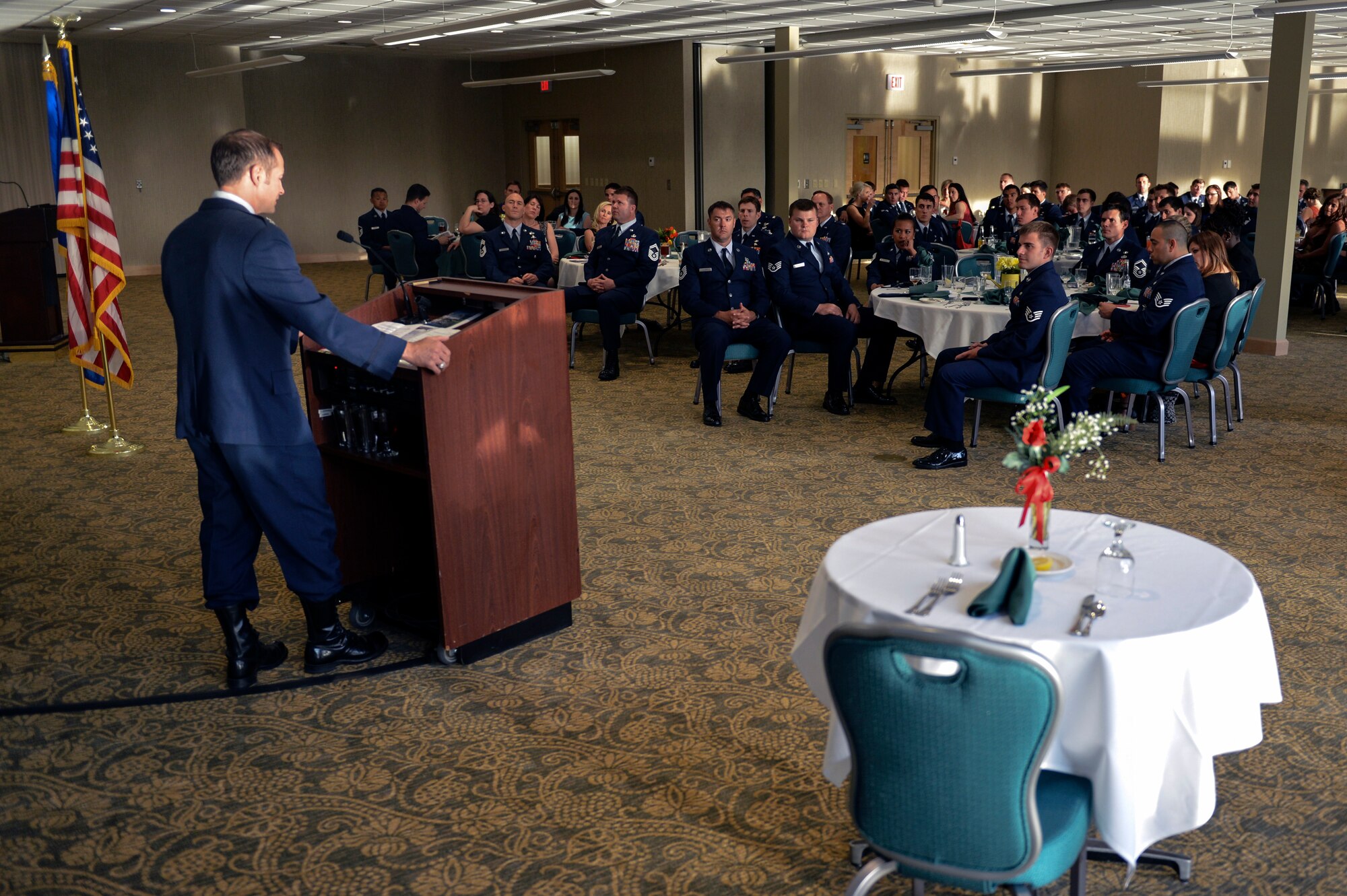 Col. Thad Allen, 22nd Special Tactics Squadron commander, delivers his opening comments, May 14, 2014, to his Airmen during the 22nd STS awards ceremony and dining-out at Joint Base Lewis-McChord, Wash. Allen’s unit employs special tactics combat controllers, tactical air control party, and support personnel in support of special operations missions across multiple theaters of operation. (U.S. Air Force photo/Staff Sgt. Russ Jackson) 