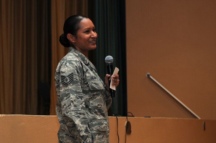 Tech. Sgt. Kimberly Franklin, Staff Judge Advocate NCO in charge of military justice, explains the consequences of driving under the influence May 9, 2014, at Beale Air Force Base, Calif. According to Franklin, driving under the influence can impact an Airman's career, family and finances. (U.S. Air Force photo by Airman 1st Class Ramon A. Adelan/Released)
