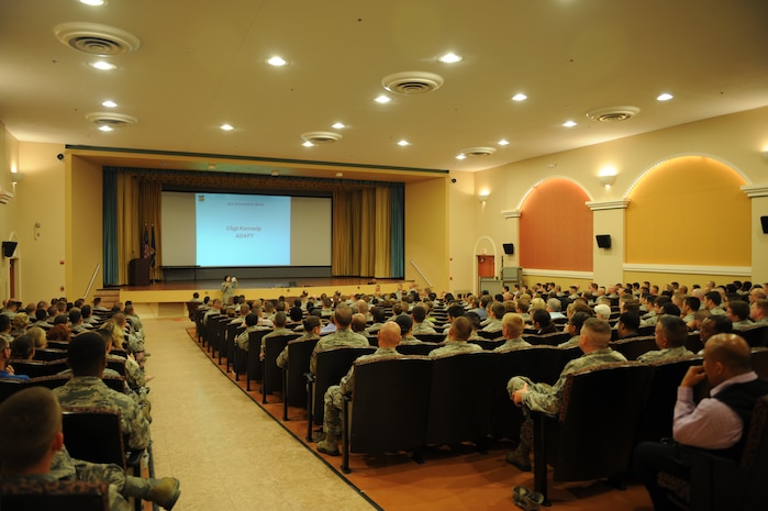 Team Beale gathers for a DUI prevention briefing on May 9, 2014, at Beale Air Force Base, Calif. The DUI Prevention Team coordinated the briefing to reduce and eliminate the number of incidents occurring here. (U.S. Air Force photo by Airman 1st Class Ramon A. Adelan/Released)