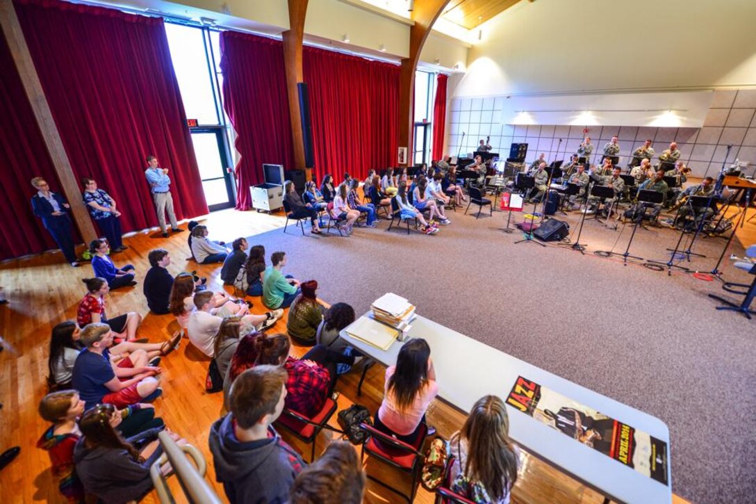 Students from Cedar Cliff High School in Camp Hill, PA toured The United States Air Force Band squadron on May 9, 2014, including a stop with the Airmen of Note during their morning rehearsal. (US Air Force photo by SMSgt Kevin Burns/released)