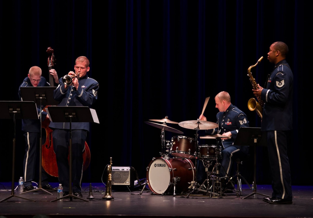 TSgt Luke Brandon solos with a quintet from the Airmen of Note at the Jewish Community Center of Greater Washington. The entire program consisted of original compositions by members of the group. (US Air Force photo SMSgt Kevin Burns/released)