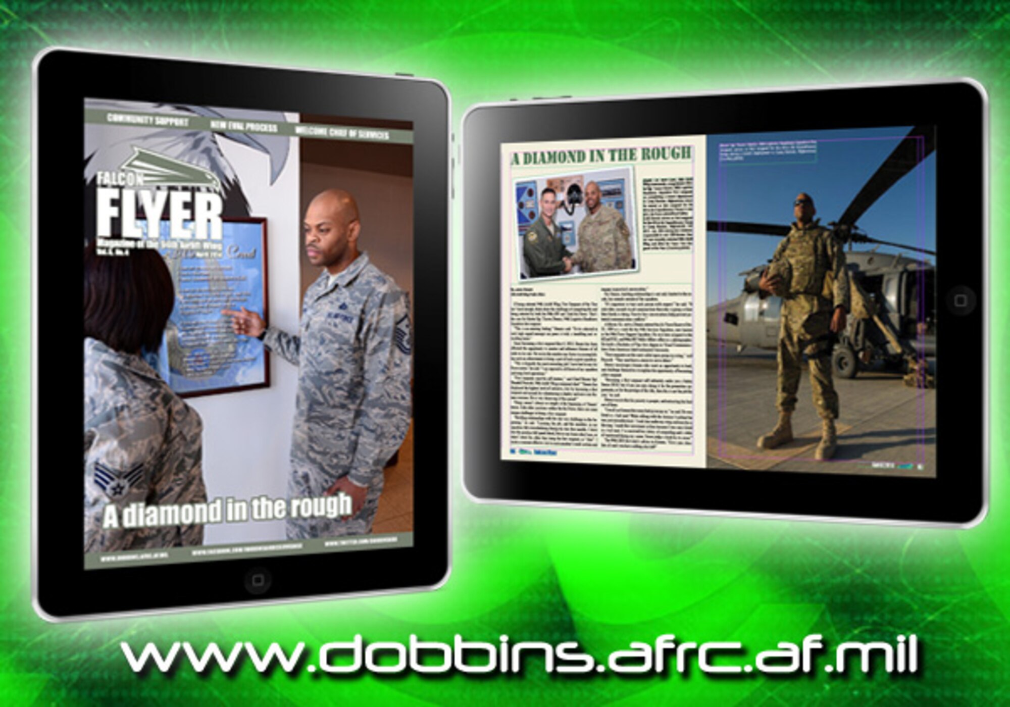 Featured in the April 2014 edition of the Falcon Flyer, Master Sgt. Travon Dennis, 94th Logistics Readiness Squadron first sergeant, is recently selected 94th Airlift Wing and 22nd Air Force first sergeant of the year. (U.S. Air Force illustration/James Branch)
