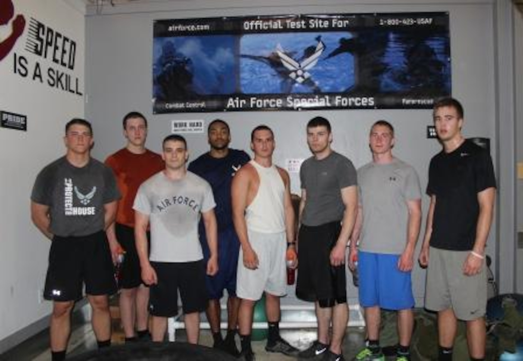 Members of the 338th Recruiting Squadron Delayed Entry Program stand with their recruiter, Staff Sgt. James Mikus, at a gym in Kokomo, Ind., April 18. Mikus routinely works out with his DEP members to prepare them for careers as Battlefield Airmen. From left to right: Airman 1st Class Garrett Riley, Recruiter Assistance Program participant, Joseph Larason Mikus, Armon Bridgeforth, Chase Cottle, Blake Cockrum, Nathan Kron and Matthew Dietrich. (U.S. Air Force photo)

