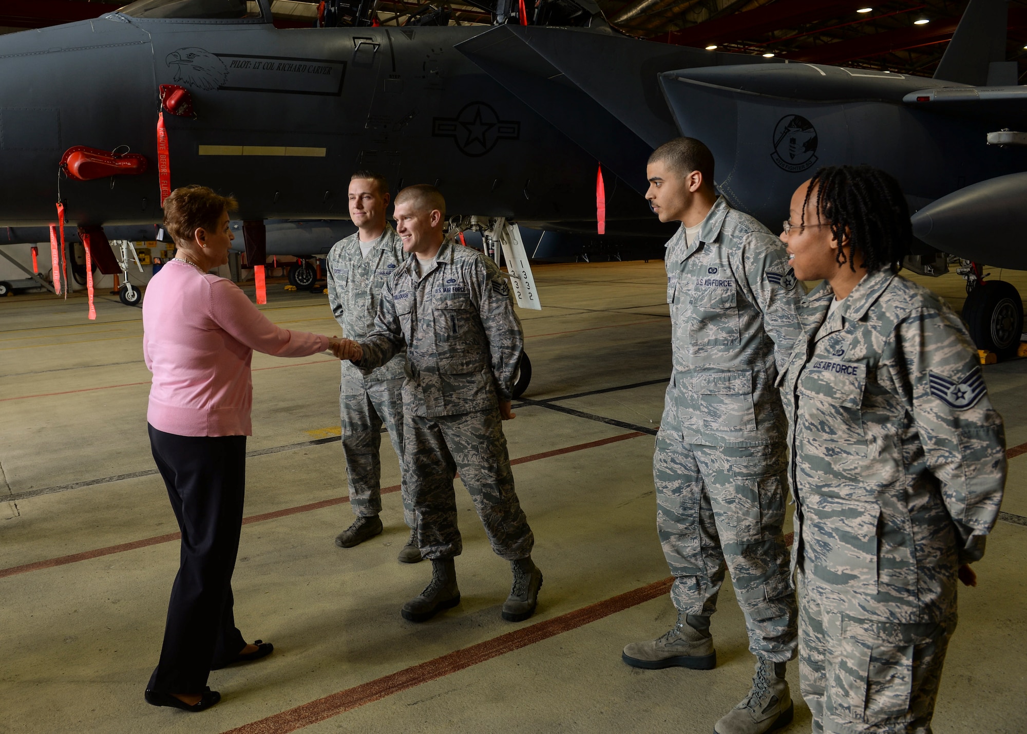 Jessica Wright, Acting Under Secretary of Defense, toured squadrons all over Royal Air Force Lakenheath, England, May 14, 2014. Wright is the senior policy advisor to the Secretary of Defense on recruitment, career development, pay and benefits for more than 3 million DoD personnel and is responsible for overseeing the overall state of military readiness. (U.S. Air Force photo by Airman 1st Class Nigel sandridge/Released)