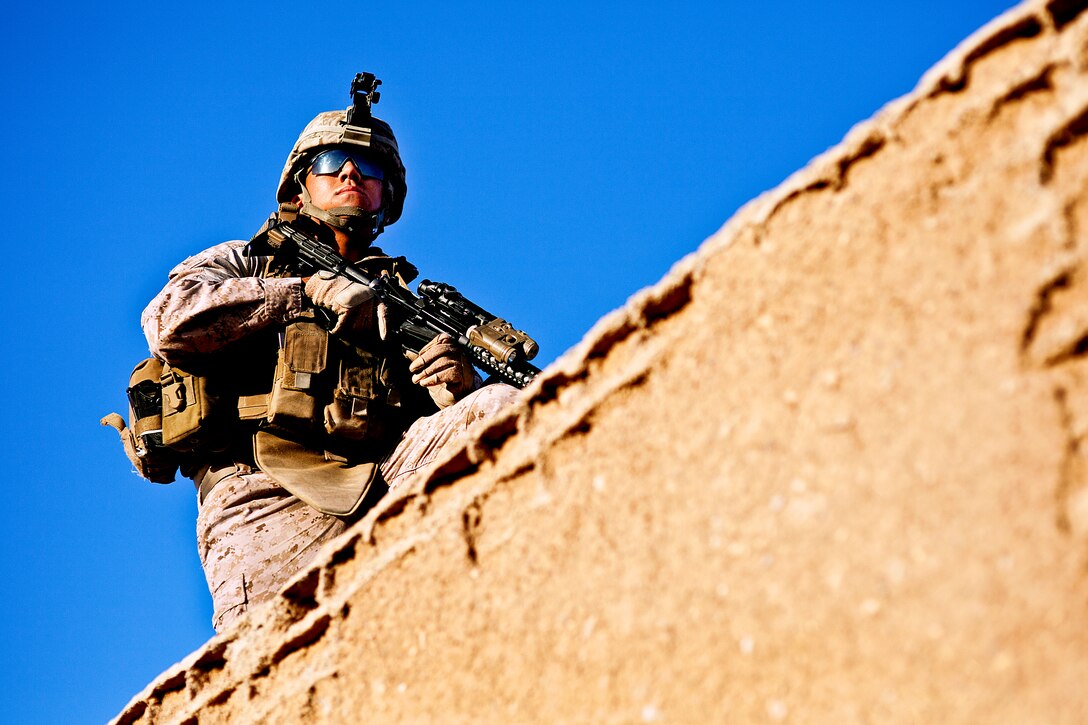 U.S. Marine Corps Lance Cpl. Pablo Perez provides security during training to counter improvised explosive devices on Camp Leatherneck in Helmand province, Afghanistan, April 3, 2013. Perez, a rifleman, is assigned to Kilo Company, 3rd Battalion, 4th Marine Regiment.  
