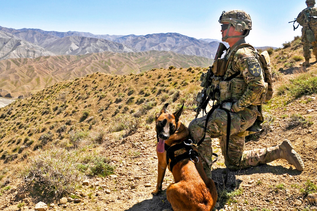 U.S. Army Sgt. Justin R. Pereira, right, and Laika 5, a military working dog trained to detect tactical explosives, provide security as Afghan border police break ground on a new checkpoint in the Spin Boldak district of Afghanistan's Kandahar province, March 25, 2013. Pereira and Laika 5 are assigned to the 2nd Infantry Division's 2nd Battalion, 23rd Infantry Regiment, 4th Striker Brigade Combat Team.  
