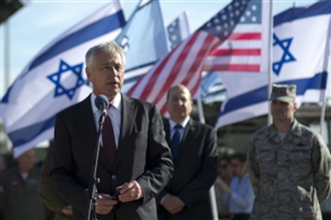U.S. Defense Secretary Chuck Hagel speaks with U.S. and Israeli troops conducting Juniper Cobra 14 at an air base outside Tel Aviv, Israel, May 15, 2014. Hagel received a briefing on the exercise before visiting the troops and thanking them for their dedication.