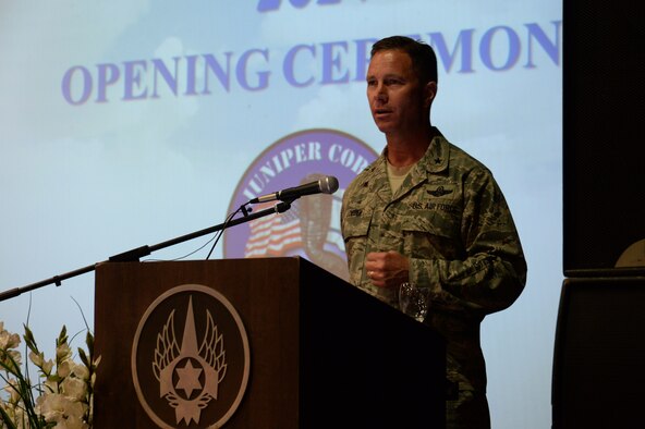 Brig. Gen. Mark Loeben speaks to a crowd of U.S. and Israeli service members during an opening ceremony for exercise Juniper Cobra 14 May 15, 2014, at Hatzor Air Base, Israel. The exercise is designed to train combined U.S. and Israeli militaries to respond as a combined force to a regional crisis. Loeben is the U.S. European Command Juniper Cobra 14 exercise director. (U.S. Air Force photo/Staff Sgt. Joe W. McFadden)