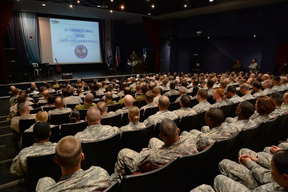 A crowd of U.S. and Israeli service members listen as Israeli Defense Force Brig. Gen. Tamir Heiman speaks during an opening ceremony for the Juniper Cobra 14 exercise May 15, 2014, at Hatzor Air Base, Israel.  JC14 is a combined exercise designed to improve interoperability between the two countries' armed forces. Heiman is the head of training and doctrine. (U.S. Air Force photo/Staff Sgt. Joe W. McFadden)