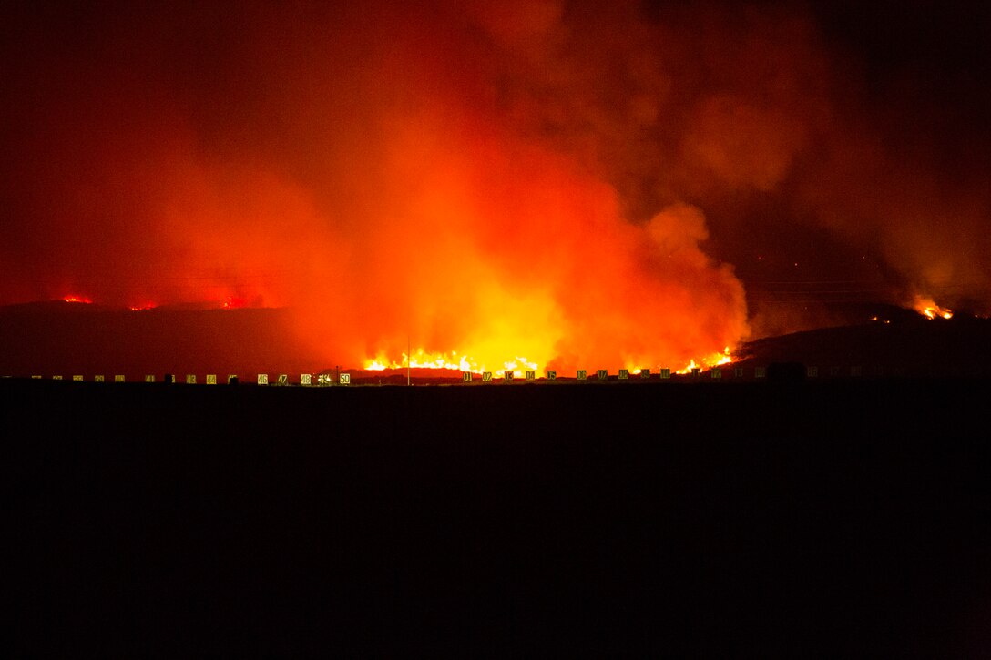 The Las Pulgas fire first reported at 3:15 p.m. Thursday has grown to 8,000 acres burned and 5% contained.

 Evacuation orders for Camp Las Pulgas, Camp Margarita, Camp Las Flores and 32 Area remain in effect.

 The Las Pulgas gate remains closed to all traffic except emergency vehicles. Stuart Mesa Road north of Assault Craft Unit-5 remains closed.

 Basilone Road from Marine Corps Air Station Camp Pendleton to Camp Horno, as well as Las Pulgas Road remain closed. Ammunition Road aboard Naval Weapons Station Fallbrook also remains closed.
