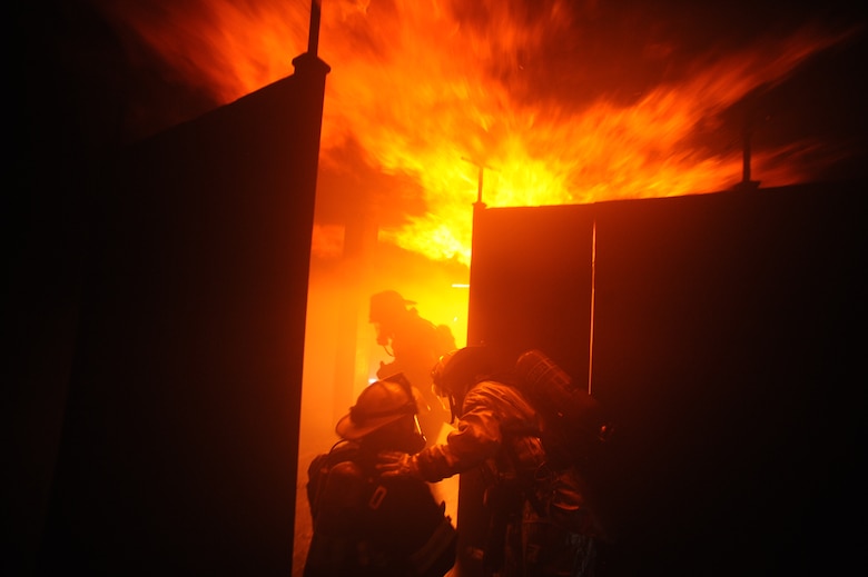 Members of the 106th Rescue Wing's fire department train on various fire-suppression systems at the Suffolk County Fire Academy in Yaphank, N.Y. (Air National Guard photo/Tech. Sgt. Monica Dalberg)