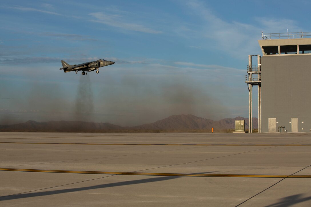 An AV-8B Harrier with Marine Attack Squadron 214 prepares to land at the new Auxiliary Landing Field (ALF) facility at MCAS Yuma, Ariz., Feb. 24. The ALF is designed for pilots to use for field-carrier landing practice prior to conducting ship- landing qualifications – a requirement before deploying with Marine Expeditionary Units. 