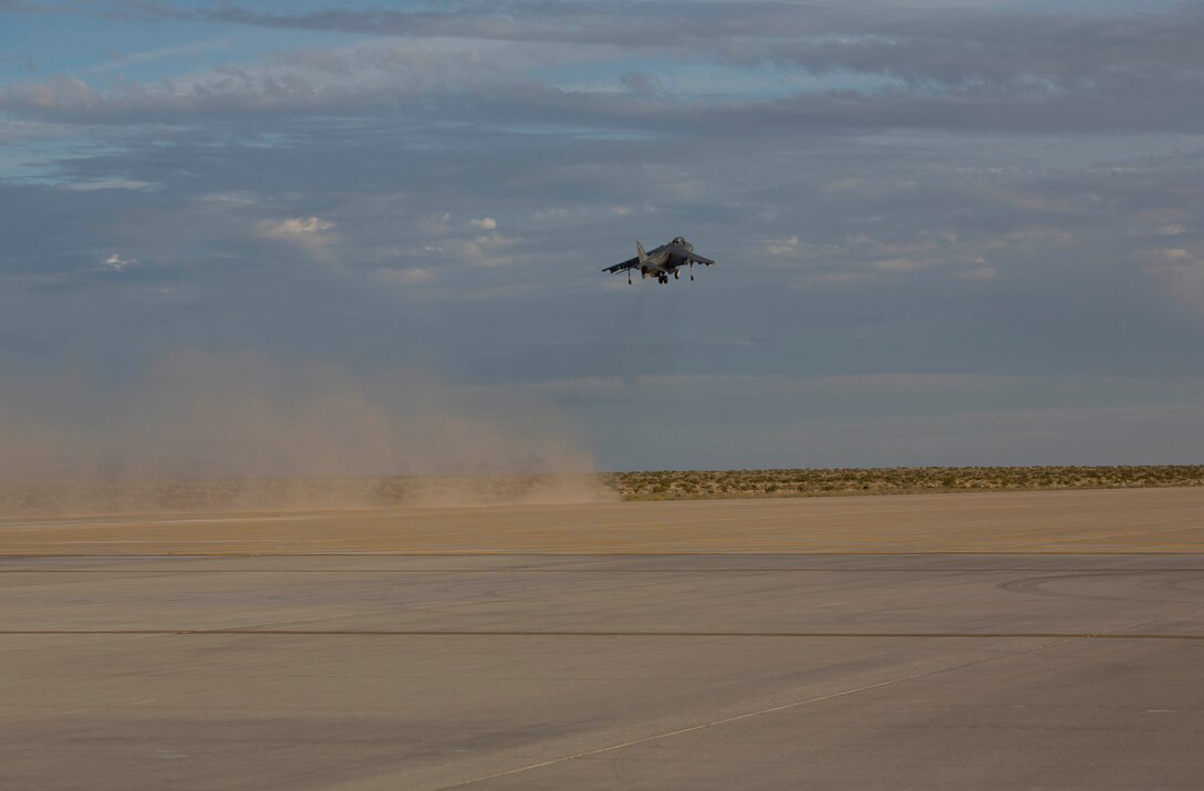 An AV-8B Harrier with Marine Attack Squadron 214 takes off at the new Auxiliary Landing Field (ALF) facility at MCAS Yuma, Ariz., Feb. 24.The auxiliary landing filed is designed for pilots to practice filed-carrier landing, which is required before they can land on ships. 