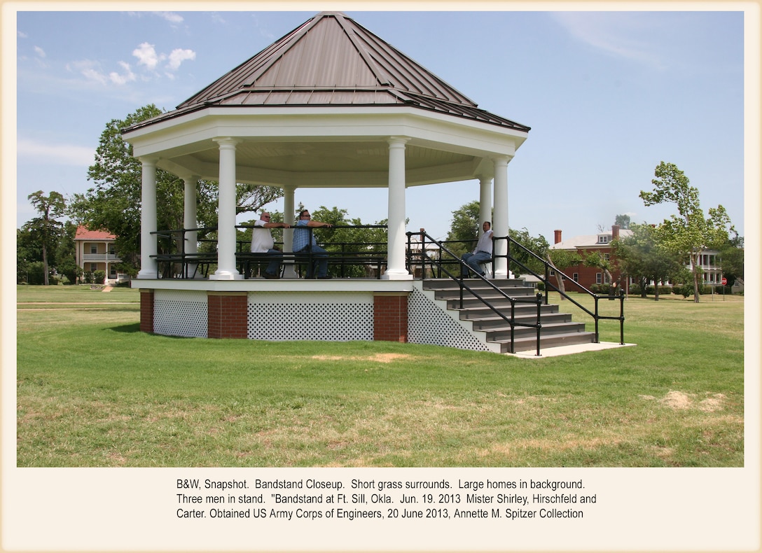 Tulsa District engineers recreated the bandstand on Fort Sill. Replicating the original photo in place of the three ladies are left to right,  Kim Shirley (retired), Jeff Hirschfeld and Brad Carter, engineers who contributed to construction of bandstand.