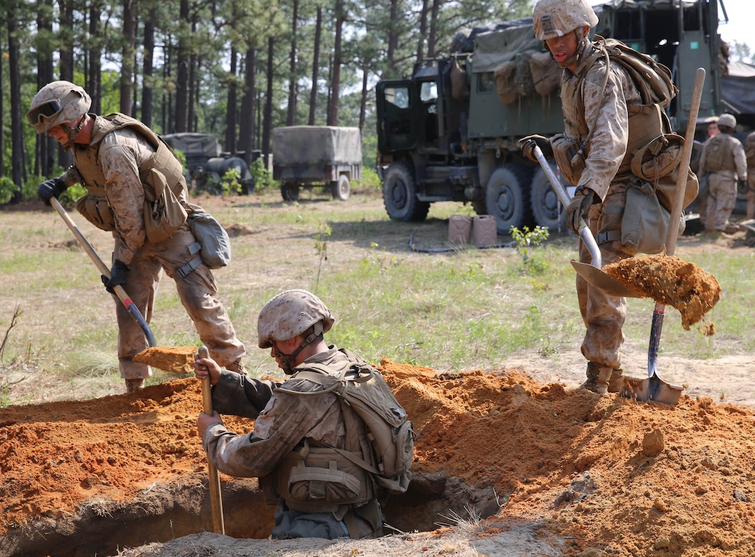 Marines with Golf Battery, 2nd Battalion, 10th Marine Regiment, 2nd Marine Division, work together to dig a fighting hole to provide security during a Top Gun competition held at Fort Bragg, N.C., May 7, 2014. Top Gun is an internal competition within the regiment that showcases the capabilities of each battery through superior firepower and grades them on emplacement and knowledge of the weapons system, communications and the organization of the convoy out of the firing position.