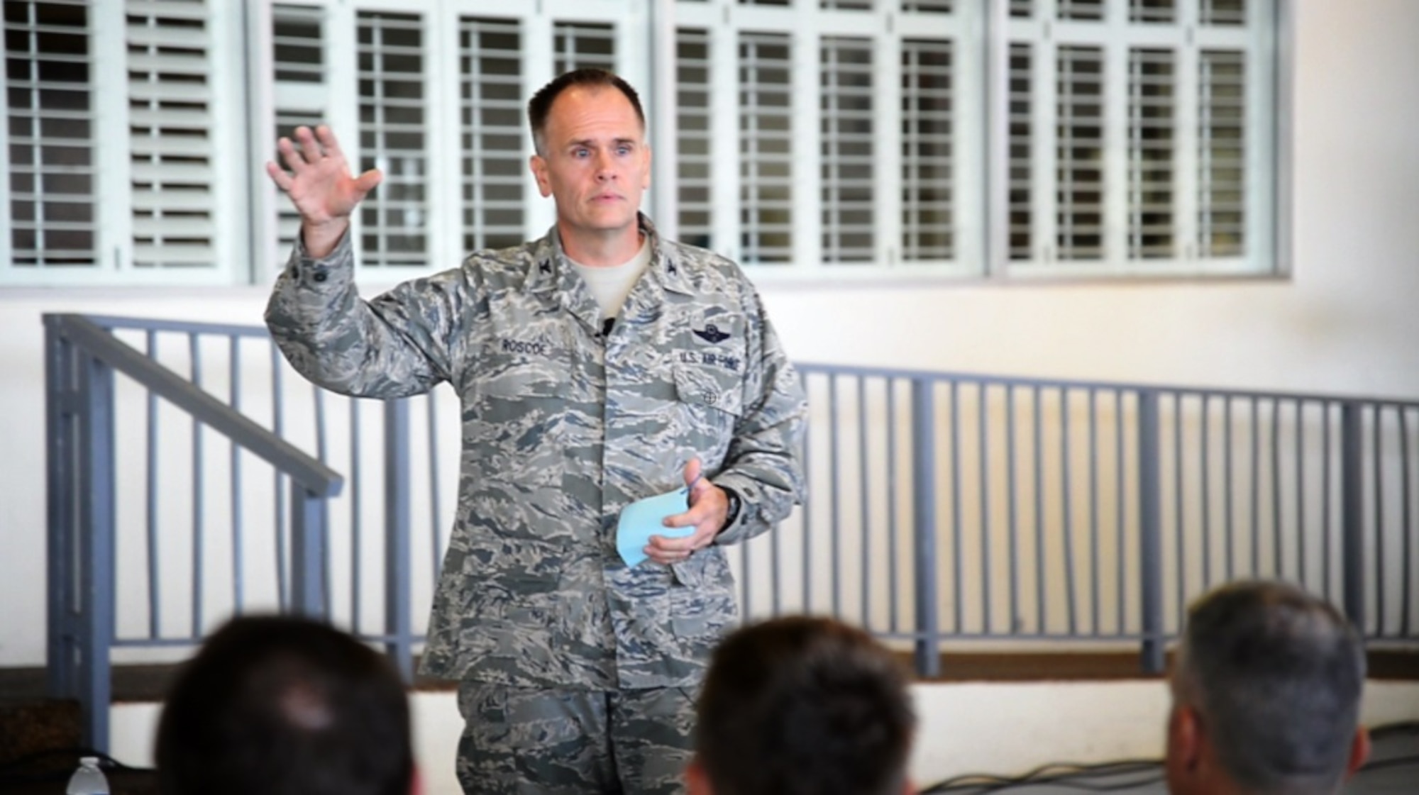 Col. Johnny Roscoe, 15th Wing commander, hosts a commander’s call to kick of the 15th WG Sexual Assault Response and Prevention down day May 15, 2014 at Joint Base Pearl Harbor-Hickam. Team Hickam spent the rest of the day within their units for small-group training and team building that highlighted ways to identify and deter sexual assault offenders. (U.S. Air Force photo/Staff Sgt. Alexander Martinez)