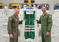 Col. Lance Landrum (left), 388th Fighter Wing commander, and Bryan Radliff, 419th FW commander, pose next to an F-35A in production at Lockheed Martin Aeronautics in Fort Worth, Texas, last week. (Courtesy photo)