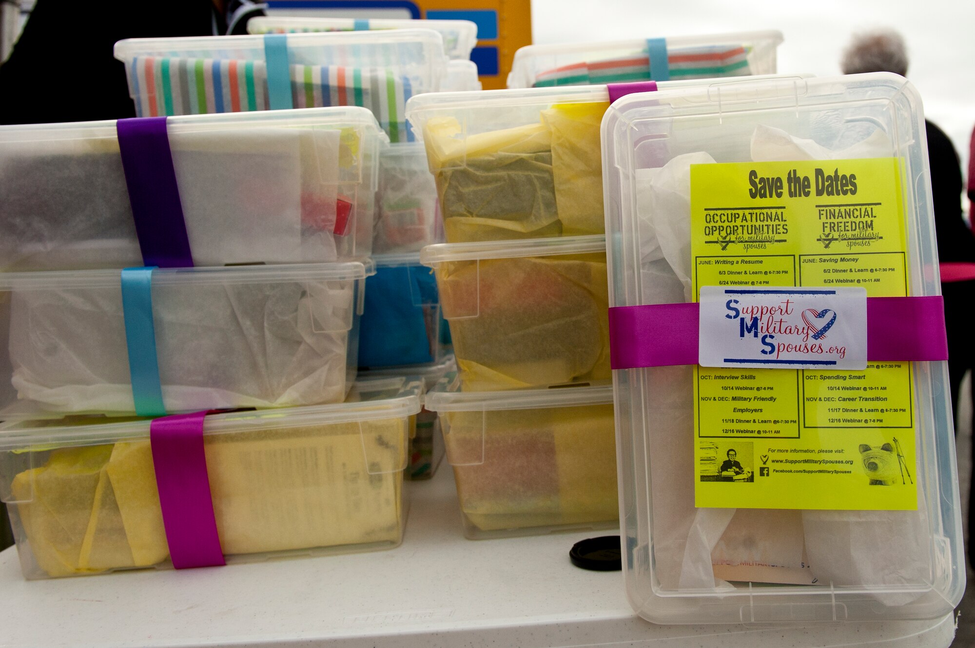 Approximately 500 shoeboxes were distributed to Team Seymour spouses during the Shoeboxes for Military Spouses event, May 16, 2014, in Goldsboro, North Carolina. The shoeboxes included items such as lip balm, manicure sets and cards from children thanking spouses for their sacrifices. Support Military Spouses is a private organization dedicated to supporting the wives and husbands of service members.    (U.S. Air Force photo/Airman 1st Class Brittain Crolley)