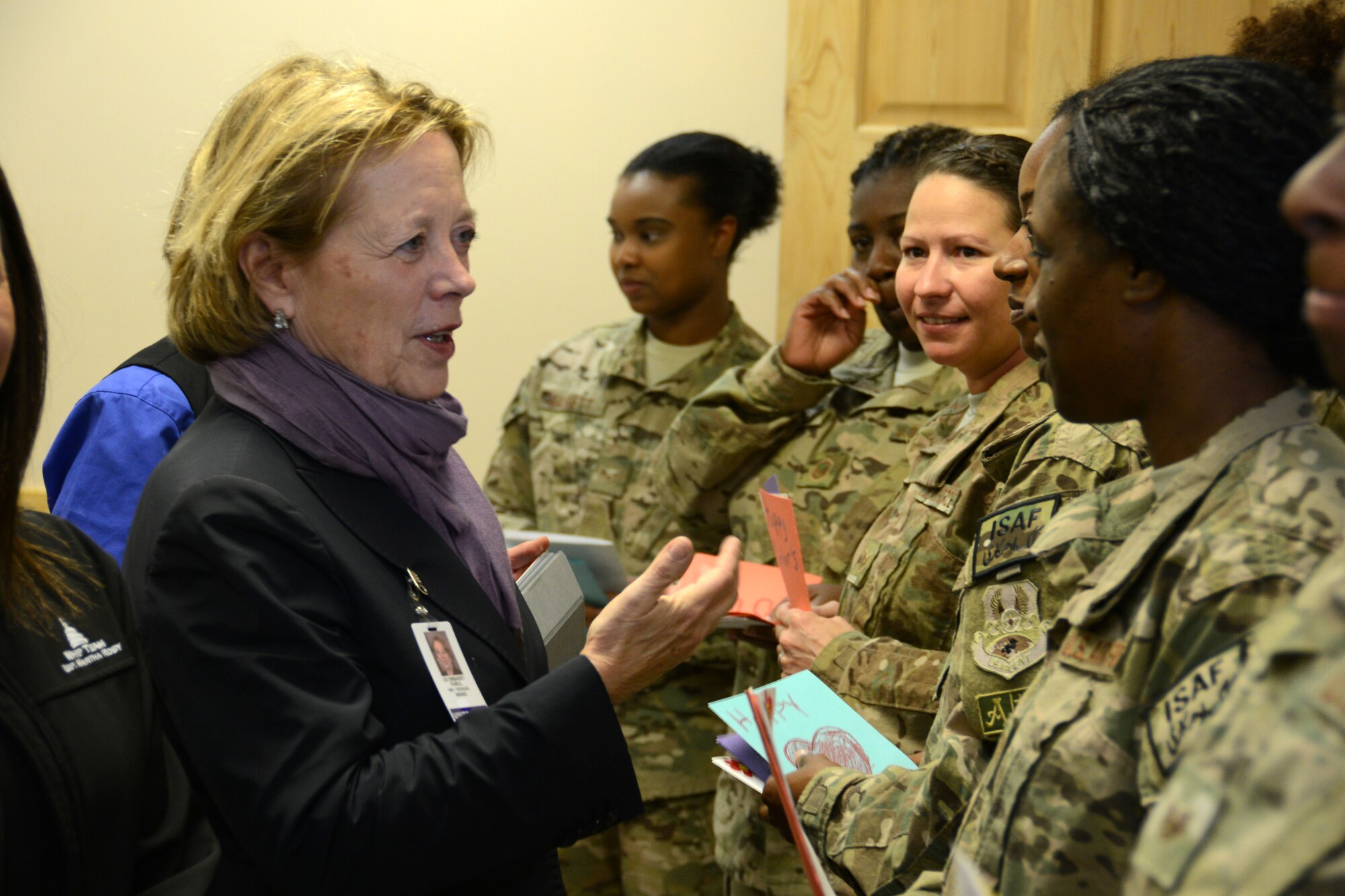 BAGRAM AIRFIELD, Afghanistan – Rep. Niki Tsongas (Mass.), House of Armed Services Committee, greets deployed mothers from the 187th Fighter Wing, Montgomery, Ala. during their visit to Afghanistan May 12, 2014. Tsongas is a member of annual Mother’s Day congressional delegation that visits Afghanistan to check the well-being and quality of life of American and Afghan women serving in the military. (U.S. Air Force photo by Master Sgt. Cohen A. Young)