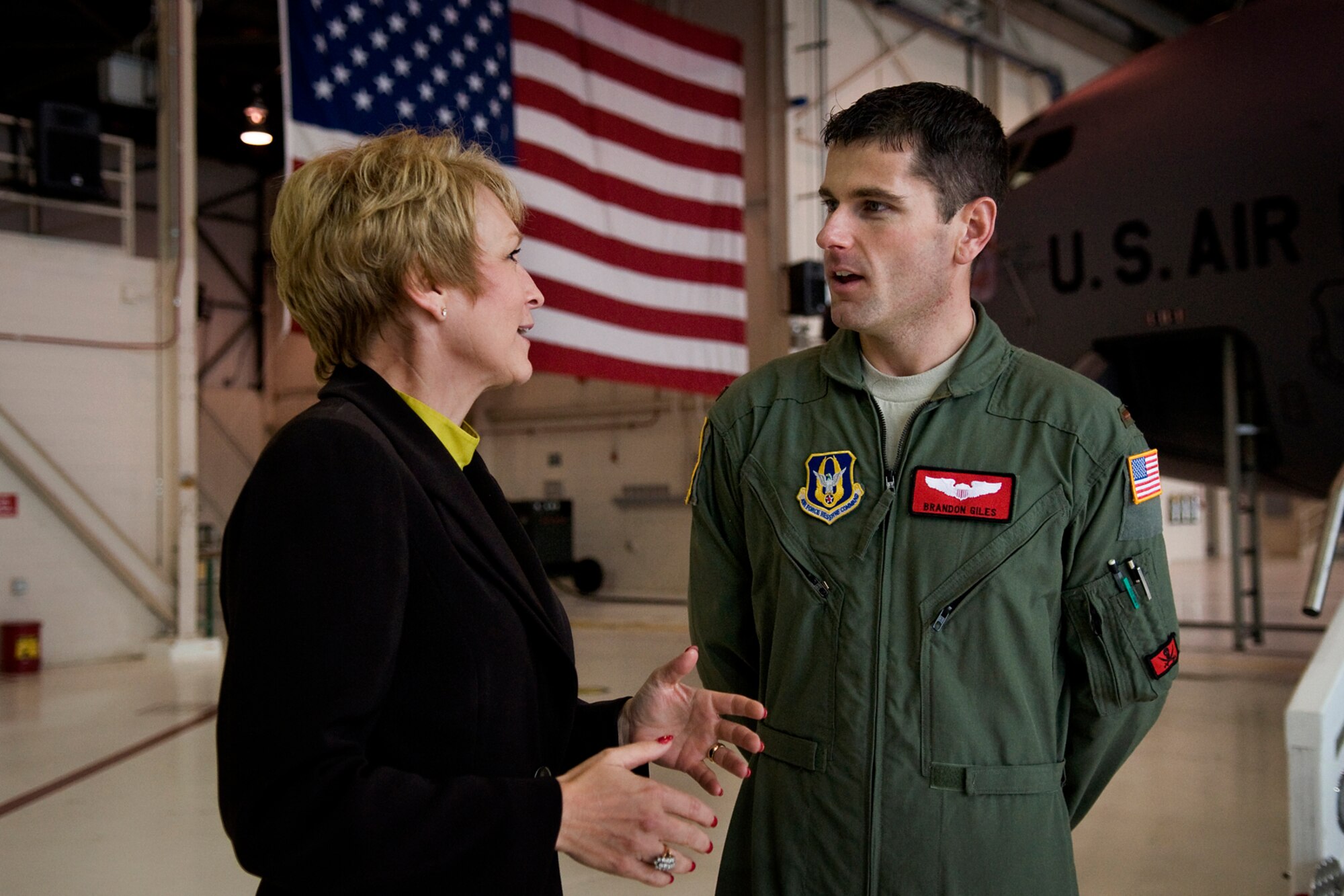 Indiana Lt. Gov. Sue Ellspermann, left, talks with 2nd Lt. Brandon Giles, 74th Air Refueling Squadron pilot, about aerial refueling operations at Grissom Air Reserve Base, Ind., May 14, 2014. Ellspermann, along with her staff and staff from U.S. Rep. Jackie Walorski's office, visited Grissom to learn more about the base and its role in both national defense and the Indiana economy. (U.S. Air Force photo/Tech. Sgt. Mark R. W. Orders-Woempner)
