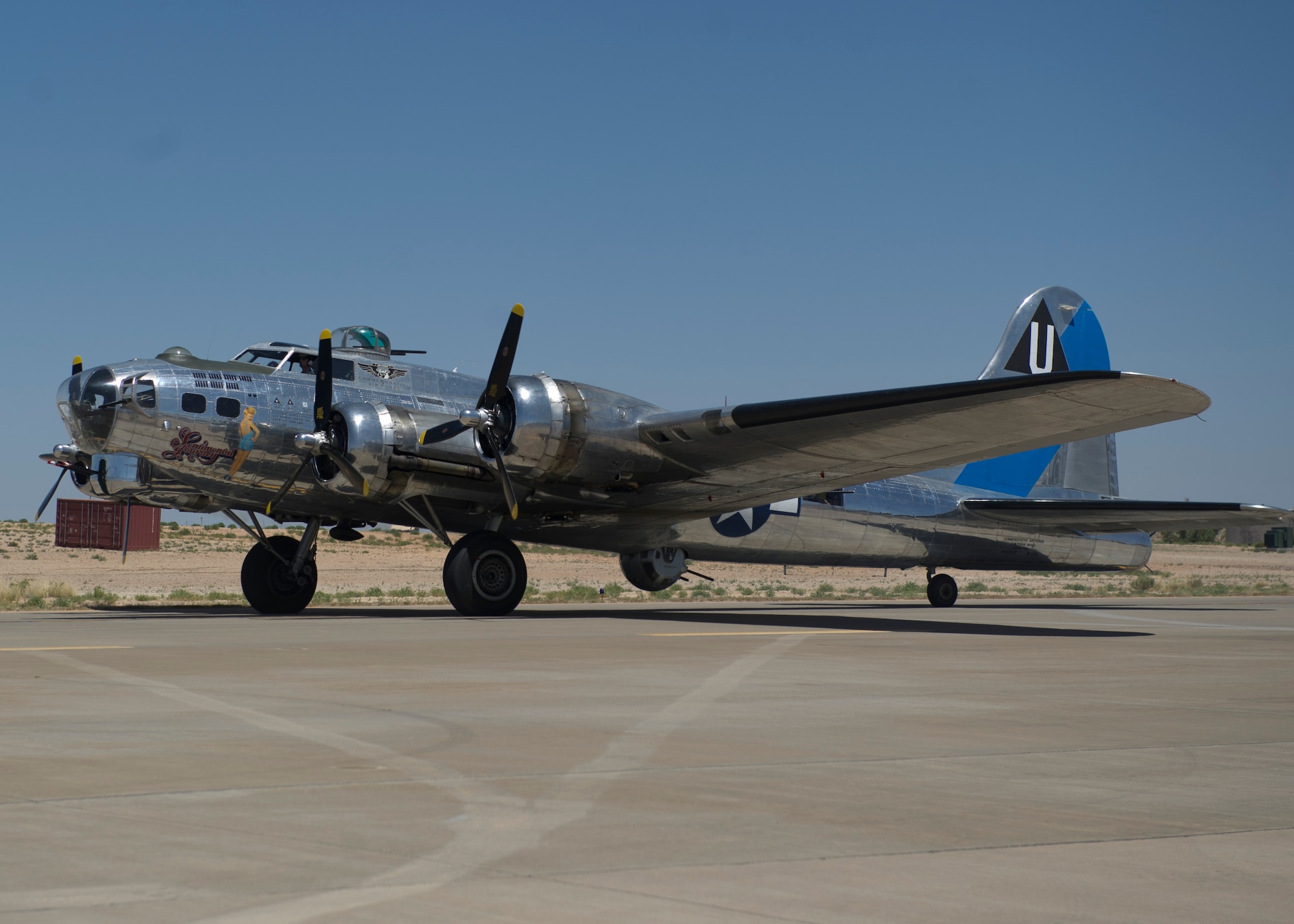 A Boeing B-17 taxis the runway and prepares for takeoff during the Open House event at Holloman Air Force Base, N.M., May 10. Team Holloman hosted an Open House showcasing over 50 aircraft and the day-to-day duties of Holloman Airmen. With live flying demonstrations and static displays, thousands of guests attended the event to get a close-up look at the base’s assets and capabilities. Guests were able to view various aircraft, visit numerous vendors, and witness ground demonstrations from squadrons around the base. (U.S. Air Force photo by Airman 1st Class Chase Cannon/ Released)
