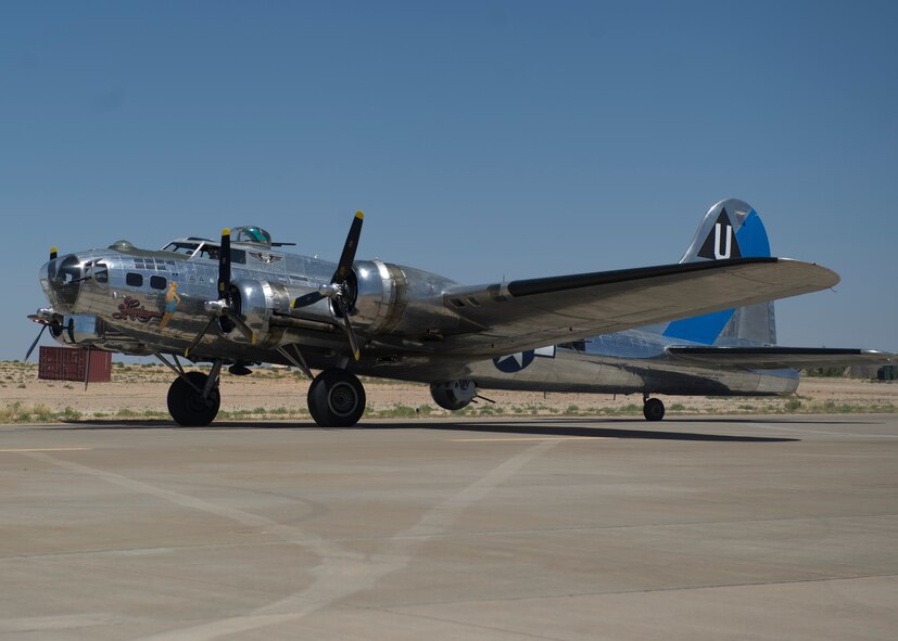 A Boeing B-17 taxis the runway and prepares for takeoff during the Open House event at Holloman Air Force Base, N.M., May 10. Team Holloman hosted an Open House showcasing over 50 aircraft and the day-to-day duties of Holloman Airmen. With live flying demonstrations and static displays, thousands of guests attended the event to get a close-up look at the base’s assets and capabilities. Guests were able to view various aircraft, visit numerous vendors, and witness ground demonstrations from squadrons around the base. (U.S. Air Force photo by Airman 1st Class Chase Cannon/ Released)