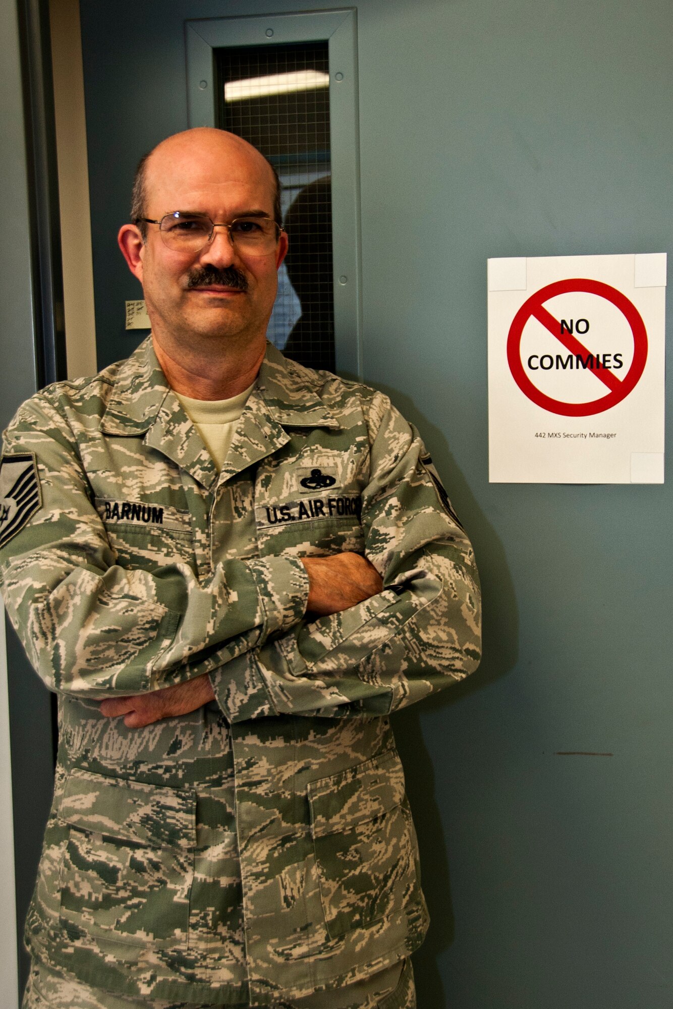 Master Sgt. Thomas Barnum, 442nd Maintenance Squadron electronic counter measures shop supervisor, poses for a photo May 3, 2014, at Whiteman Air Force Base, Missouri. Barnum was the Senior NCO of the Quarter for the first quarter of 2014. (U.S. Air Force photo by Senior Airman Daniel Phelps/Released)